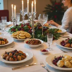 Uroczysta kolacja przy świecach. Na stole potrawy, ciasta i kieliszki. W tle widać dwie kobiety. Idealna okazja na wódkę jałowcową.