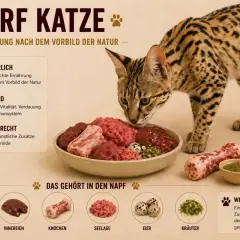 Eine Katze schnuppert an einer Schüssel mit rohem Fleisch, Knochen und Eiern. Die Grafik erklärt die Vorteile von katzen artgerechtem Barfen.