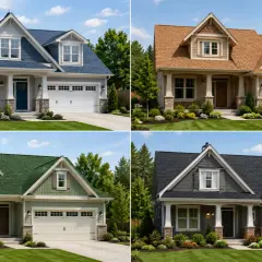 Four houses showcase different shingles colors: blue, brown, green, and dark gray.
