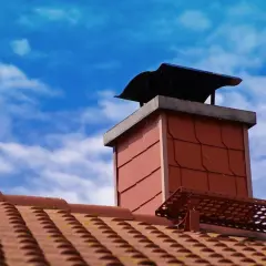 Ein roter Ziegelschornstein mit schwarzer Haube unter blauem Himmel. Die Vorbereitung, einen alten Schornstein wieder in Betrieb zu nehmen, ist sichtbar.