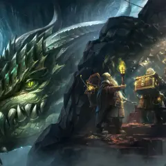 Drako smok obserwuje krasnoludy niosące skrzynie ze skarbami w jaskini.