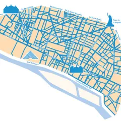 Carte stylisée de Paris, montrant le réseau routier dense de la ztl Paris, avec des icônes pour le Louvre, la Bastille et la République.
