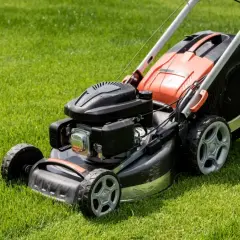 Osoba prowadzi kosiarkę rotacyjną spalinową po soczyście zielonym trawniku.