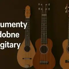 Trzy instrumenty strunowe, podobne do gitary: mandolina, ukulele i kolejne ukulele.