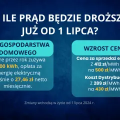 Grafika informuje o wzroście cen prądu od 1 lipca 2024 r. dla gospodarstw domowych.