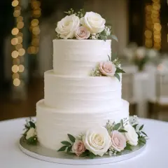 Elegancki, trójpoziomowy tort weselny z kremowymi różami i zielenią. Idealny na wyjątkowe okazje, jego tort weselny cena zależy od detali.