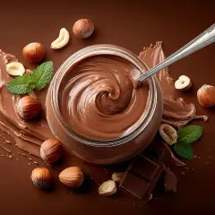 Słoik kremu czekoladowo-orzechowego, łyżka, orzechy laskowe i listki mięty. To właśnie gianduja – pyszny przysmak!