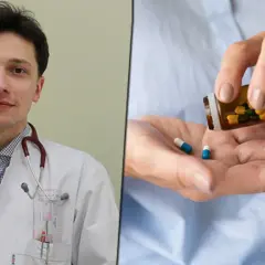 Lekarz w białym kitlu i pacjentka przyjmująca leki. Leczenie wysokiego cholesterolu.