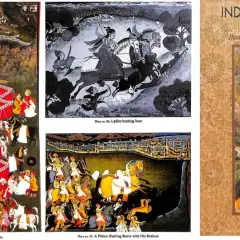 Mughal miniature paintings showcase vibrant hunting scenes, including ladies hunting boar and a prince with his retinue.