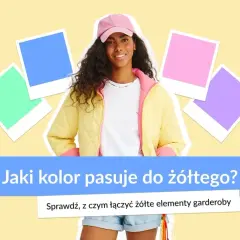 Uśmiechnięta dziewczyna w żółtej kurtce i różowej czapce, otoczona kolorowymi ramkami. Jaki kolor kanarkowy pasuje do żółtego?