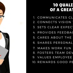 A graphic lists 10 qualities of a great boss, including clear communication, feedback, and valuing employees.