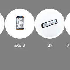 Verschiedene SSD-Formate: 2.5" SATA, mSATA, M.2 und PCIe Add-In Card. Alle benötigen einen passenden ssd stromanschluss.
