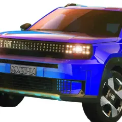 Nowy, niebieski Fiat Multipla z nowoczesnym designem i podświetlanym grillem.