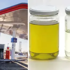 OKQ8-mack med pumpar och två burkar med vätska, en gul och en klar, som kan vara diesel.