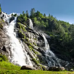 Cascate maestose nel Val di Genova, con acqua che scende impetuosa su rocce scure, circondate da fitta vegetazione verde e alberi imponenti sotto un cielo azzurro.
