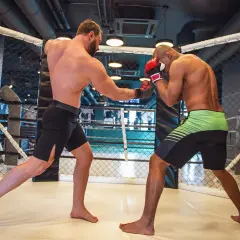 Dwóch mężczyzn walczy w klatce MMA, jeden w rękawicach bokserskich.