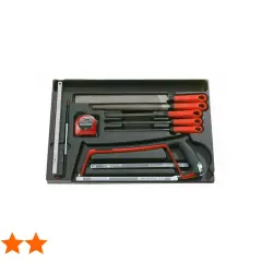 Boîte d'outils Facom pour menuiserie : scie, limes, mètre ruban, règle.