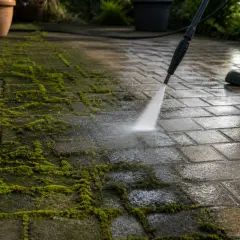 Czyszczenie kostki brukowej z mchu za pomocą myjki ciśnieniowej. Woda usuwa zielony nalot z mokrej nawierzchni.