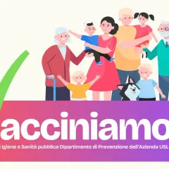 Famiglia felice e un cane, con un segno di spunta verde, promuovono la campagna vaccinale in Valle d'Aosta.