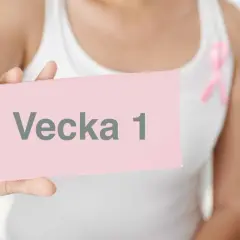 En person håller upp en rosa lapp med texten "Vecka 1". En rosa band-symbol syns på kläderna. Tidiga tecken på graviditet vecka 1 kan vara svåra att upptäcka.