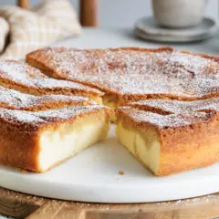 Ein köstlicher, in Stücke geschnittener Käsekuchen, bestäubt mit Puderzucker. Ein Stück Kuchen zum Genießen, dreh dich um Kuchen!