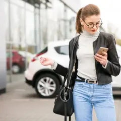 Kobieta w okularach i skórzanej kurtce sprawdza telefon, stojąc obok białego auta. Zastanawia się, kto może wziąć auto w leasing.