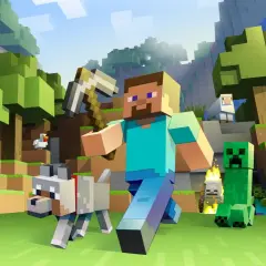 Steve z kilofem, pies, świnia, kurczak, owca, creeper i zombie w świecie Minecraft. Idealne do tworzenia skina Minecraft.