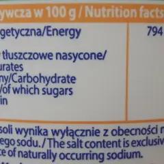 Fragment etykiety z wartościami odżywczymi: energia, tłuszcz, węglowodany, białko, sól.
