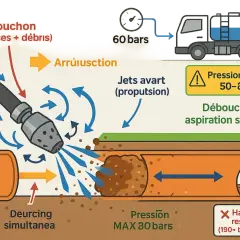 Débouchage d'une canalisation bouchée fosse septique par jet d'eau haute pression. Le jet avant propulse et le jet arrière aspire les débris.