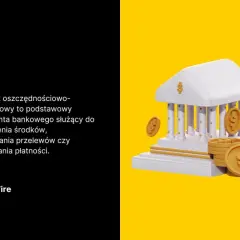 ROR w banku: biały budynek banku z kolumnami i złotymi monetami symbolizującymi oszczędności.