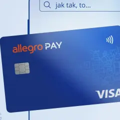 Karta Allegro Pay z symbolem zbliżeniowym i ikonami zakupów.