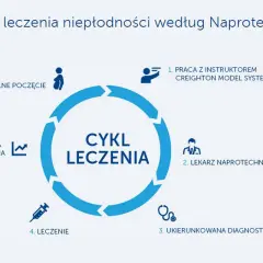 Cykl leczenia niepłodności według naprotechnologii: praca z instruktorem, lekarz naprotechnolog, diagnostyka, leczenie, normalizacja stanu zdrowia i naturalne poczęcie.