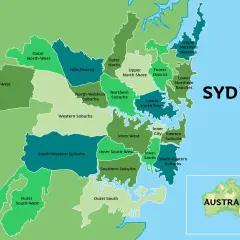 Mapa pokazuje, gdzie leży Sydney, z podziałem na dzielnice: Inner City, Northern Suburbs, Western Suburbs i inne.