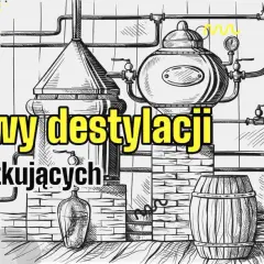 Ilustracja przedstawia podstawy destylacji, pokazując aparaturę i beczkę. Dowiedz się, co to destylacja!