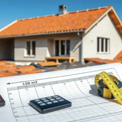 Planowanie dachu: kalkulator, miarka i schemat pokazują, ile dachówek wchodzi na m2. W tle dom w budowie.