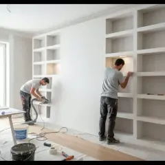 Costruzione di una libreria in cartongesso per un soggiorno. Due operai lavorano alla struttura, uno con una sega, l'altro rifinisce gli scaffali.