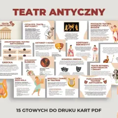 Teatr antyczny: architektura, aktorzy, maski, kostiumy, rekwizyty, muzyka, taniec, grecka tragedia i komedia, rola chóru, teatr rzymski, publiczność.
