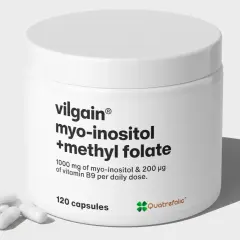 Biały słoiczek z suplementem diety zawierającym kwas foliowy metylowany, myo-inozytol i witaminę B9. Kilka kapsułek leży obok.