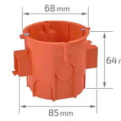 Pomarańczowa puszka elektryczna z zaznaczonymi wymiarami: średnica 68 mm, wysokość 64 mm, szerokość 85 mm.