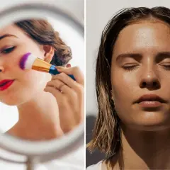 Ragazza si trucca con pennello viola e bianco, labbra rosse. Consigli make up per un look naturale.