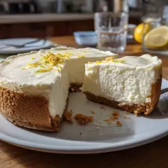 En krämig cheesecake med citronskal, perfekt för ett enkelt cheesecake recept. En bit är redan uppskuren.