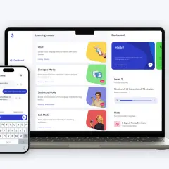 Aplikacja do nauki angielskiego. Widoczne tryby: Chat, Dialogue Mode, Sentence Mode, Call Mode. Przykład rozmowy z odgrywaniem roli angielski.