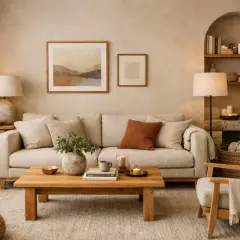 Soggiorno accogliente con divano beige, tavolino in legno e quadri astratti. Le pareti di casa tendenze in tonalità neutre creano un'atmosfera rilassante.