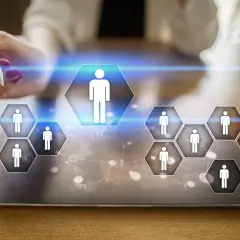 Interfaz digital para la gestión de personal, mostrando iconos de personas en hexágonos. La digitalización RRHH transforma la administración de talento.