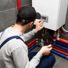 Technik z tabletem sprawdza piec gazowy, wykonując obowiązek przeglądu pieca gazowego.