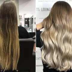 Vorher-Nachher-Vergleich: Langes, blondiertes Haar wird zu voluminösen Wellen mit einem V-Schnitt und strahlendem Glanz.