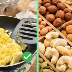 Huevos revueltos son ideales para comer cuando te sacan una muela. Evita frutos secos duros.