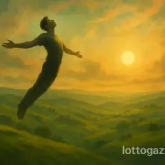 Un uomo si libra nell'aria, con le braccia aperte, come se stesse per volare senza ali, immerso in un paesaggio collinare dorato al tramonto.