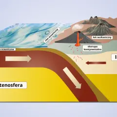 Ilustracja przedstawia subdukcję płyty oceanicznej pod kontynentalną, tworząc łuk wulkaniczny.