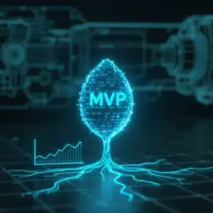 Niebieska, cyfrowa grafika przedstawiająca drzewo z liściem z napisem "MVP" i wykres.